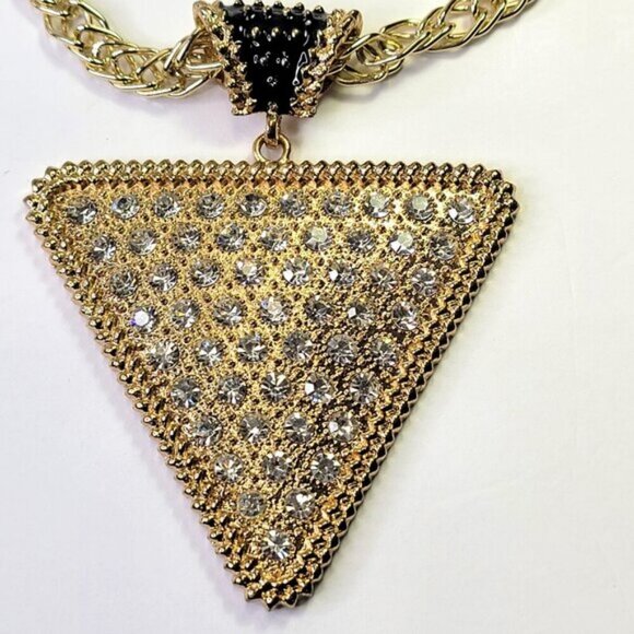 Gold and Crystal Triangular Pendant Bib Choker Necklace - Picture 10 of 13